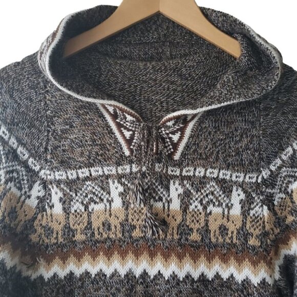 Peruvian Handmade Alpaca Hooded Sweater Ethnic Motifs Fringed Hem - Picture 6 of 9